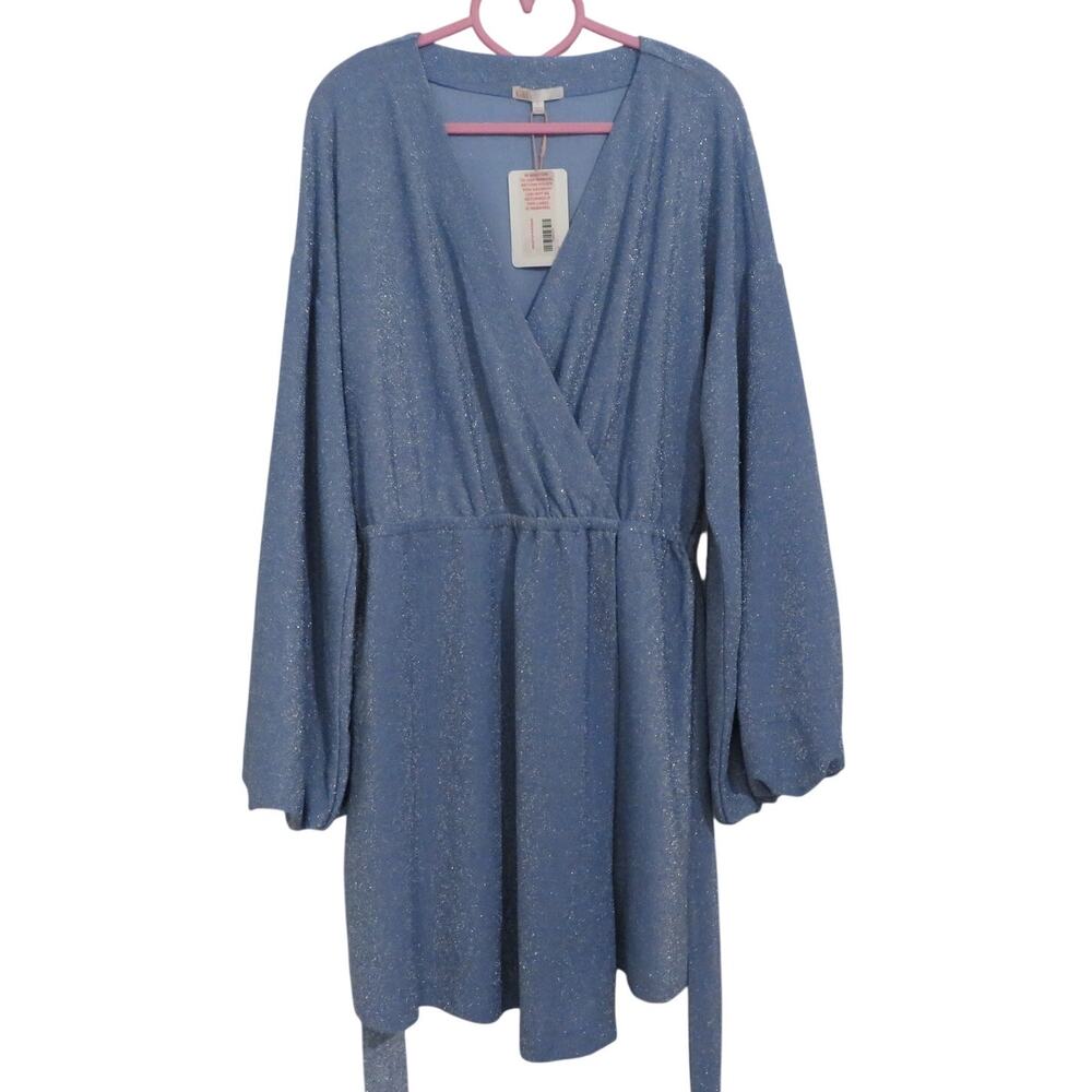 GB by Gianni Bini Women Sz L Blue Shimmer Wrap Long Sleeve Cocktail Dress